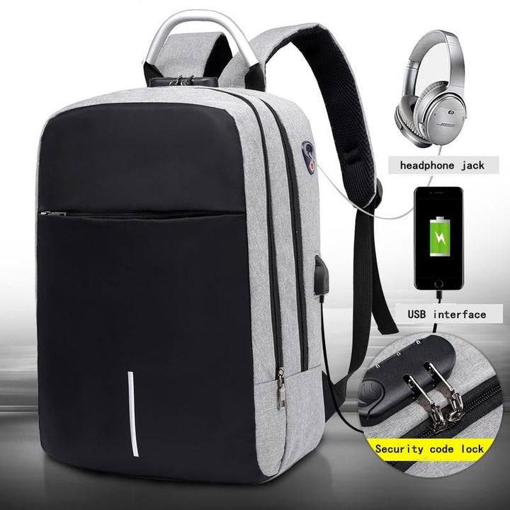 Travel-friendly anti-theft laptop backpack, water-resistant, with USB charging port and hidden pockets for secure travel.