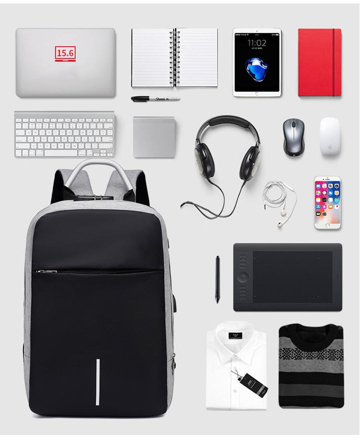 Sleek unisex work bag: anti-theft laptop backpack, water-resistant, with integrated USB charging for modern professionals.