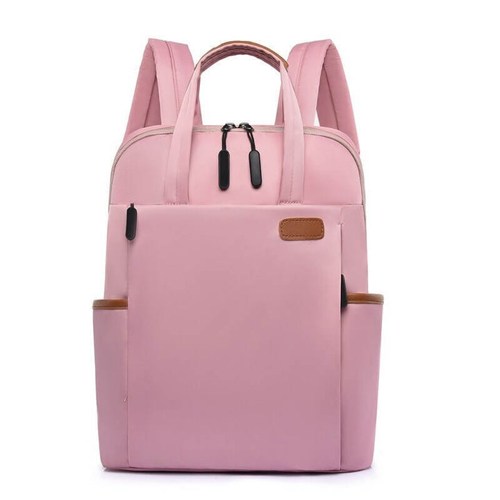 Side view of the unisex oxford travel backpack, highlighting its slim profile and water resistance.