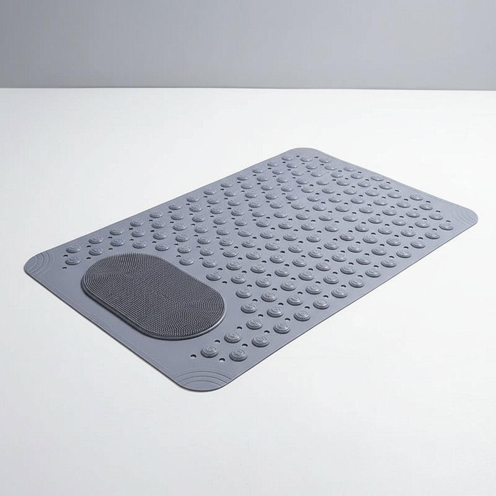AquaGripPro anti-slip bath mat, rectangular, white PVC, with drainage holes and foot massager