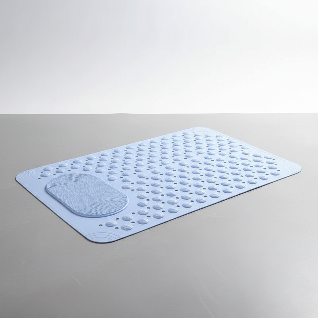 Full view of AquaGripPro anti-slip PVC shower mat, with foot scrubber, suitable for any bathroom