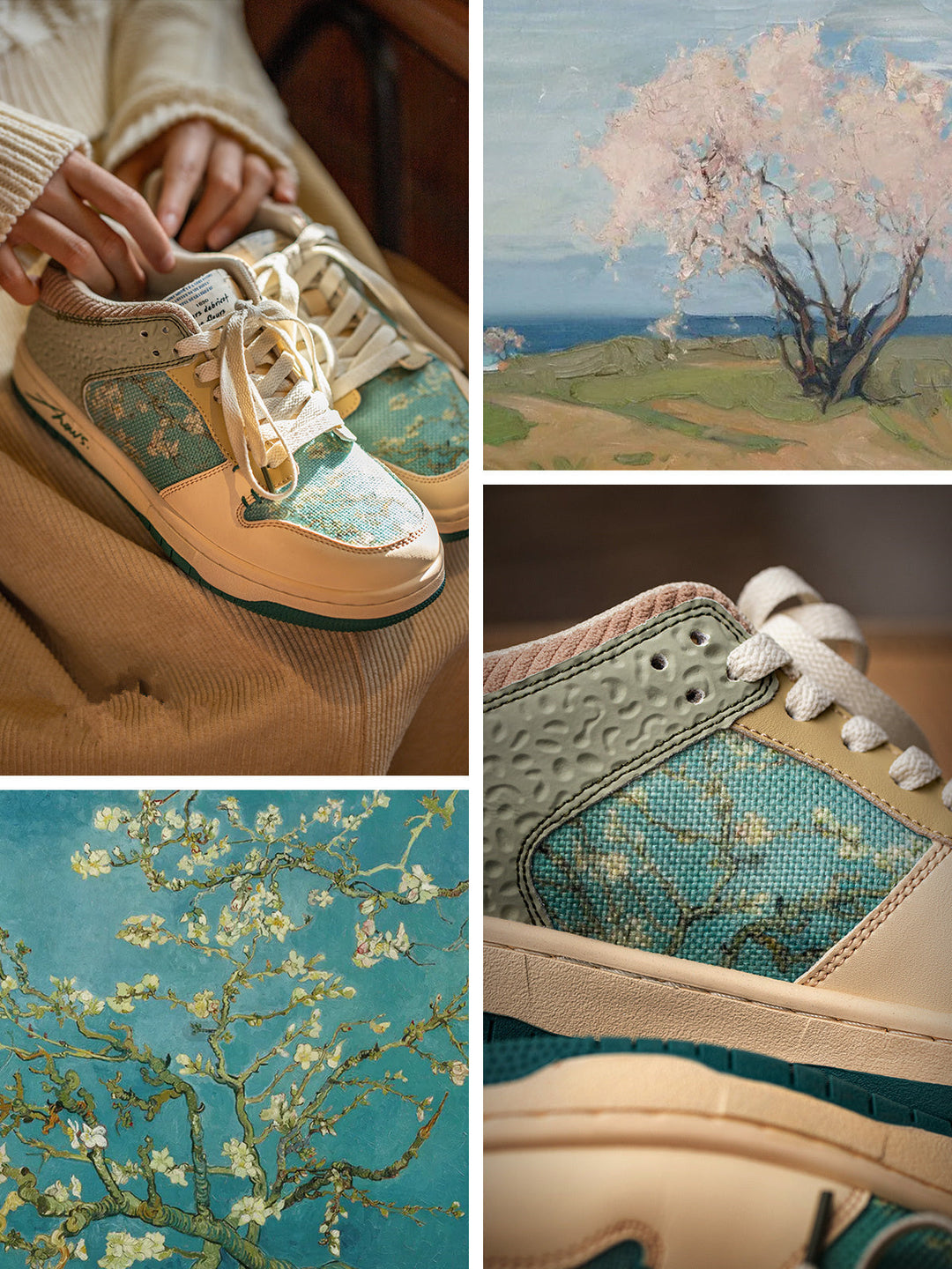 Comfortable low-top sneakers featuring unique Van Gogh Almond Blossom art print design.