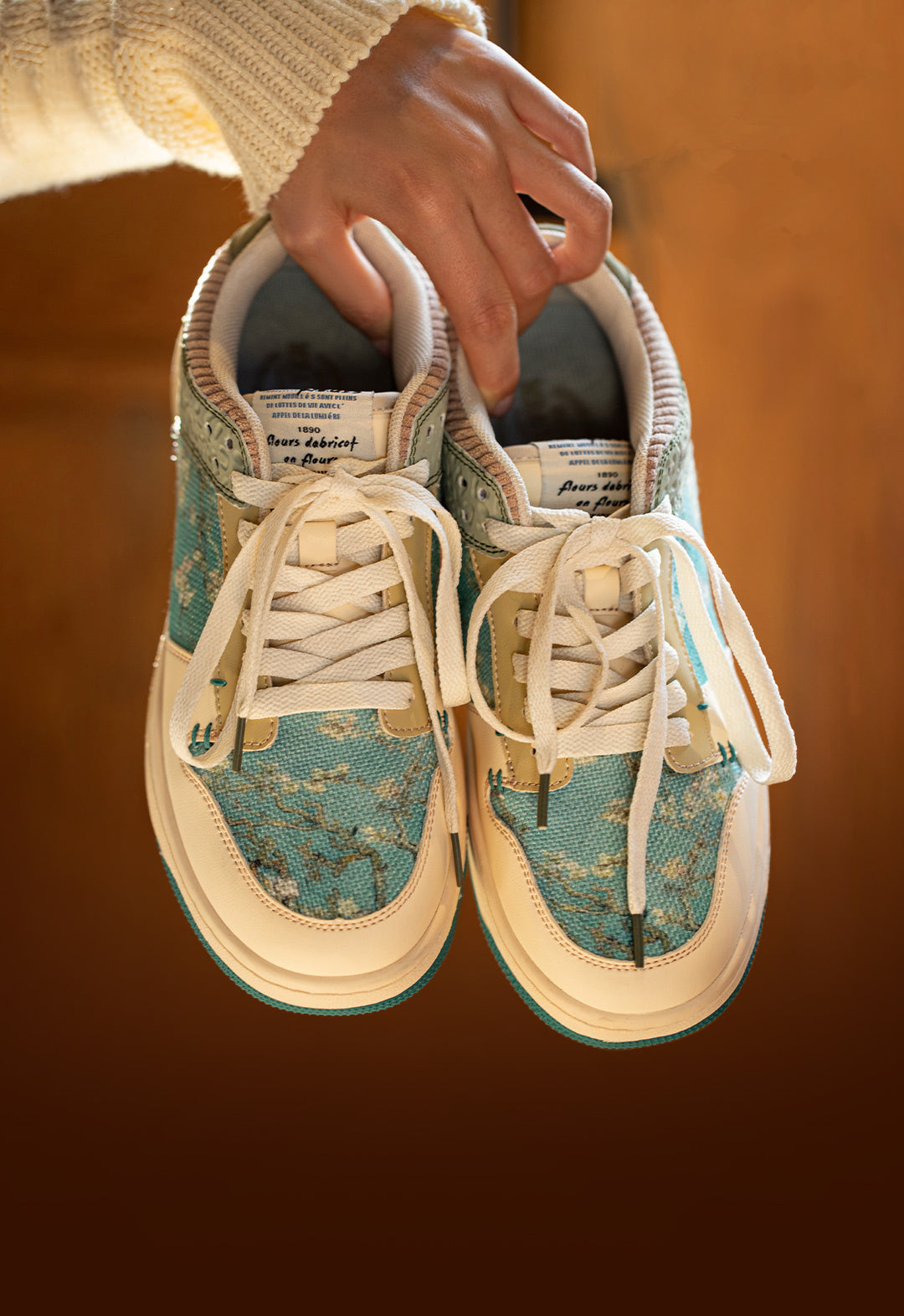 Artistic unisex streetwear sneakers showcasing elegant Van Gogh Almond Blossom print.