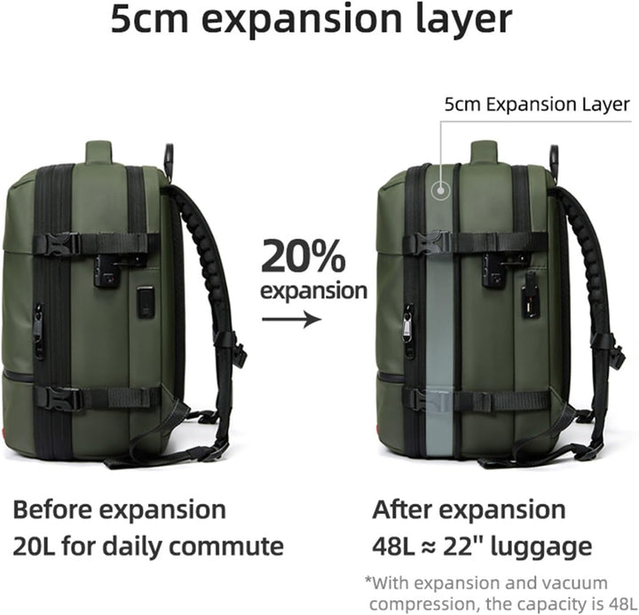 Arvid expandable travel backpack holding a laptop, highlighting its tech-friendly design