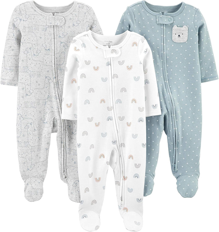 Unisex baby 3-pack winter sleep and play set, soft cotton rompers for newborn essentials