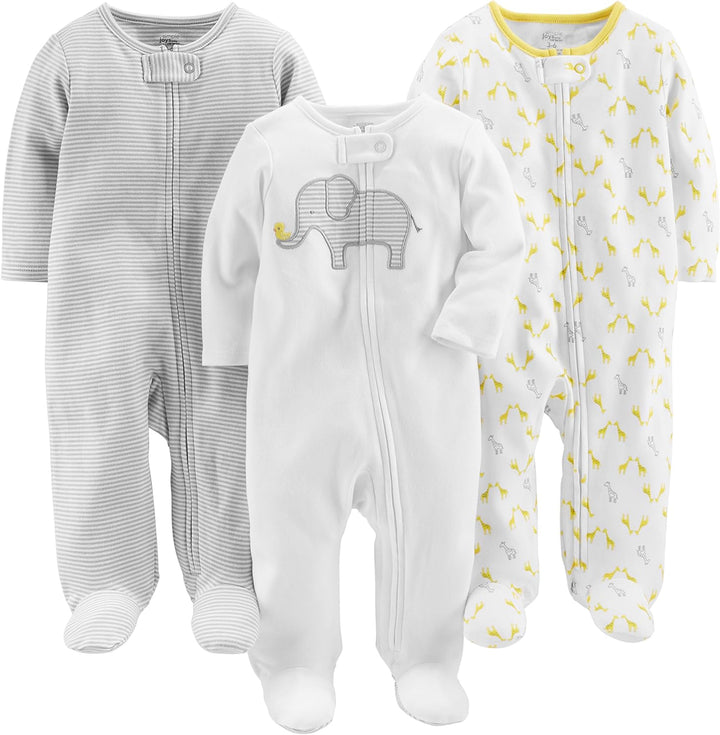 Cozy unisex baby sleepwear set, 3 cotton rompers in blue, green, and yellow for winter