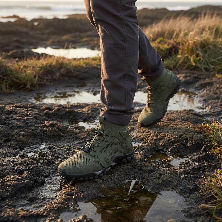 Unisex barefoot style high-shaft trekking shoes 'Cameron' in forest green, side view, for hiking