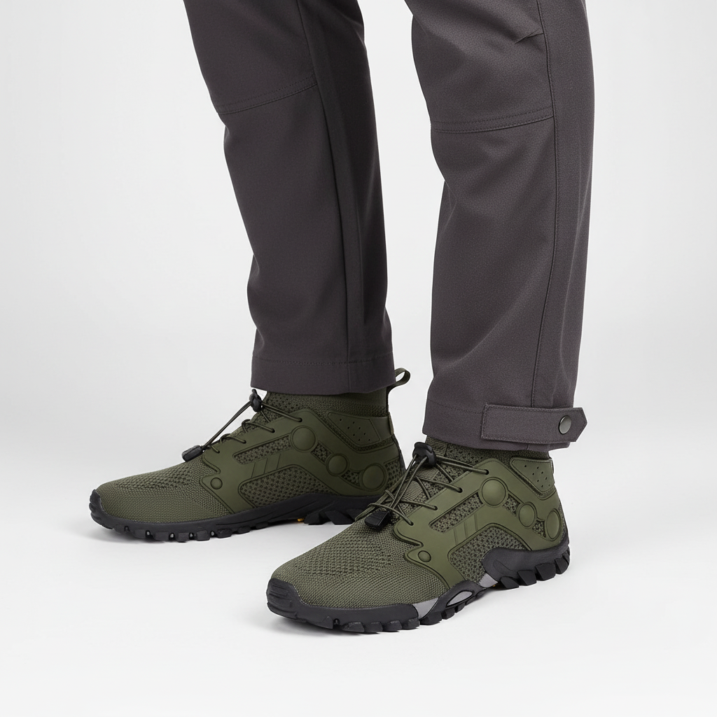 Person wearing barefoot style high-shaft 'Cameron' trekking shoes, walking through a stream, hiking