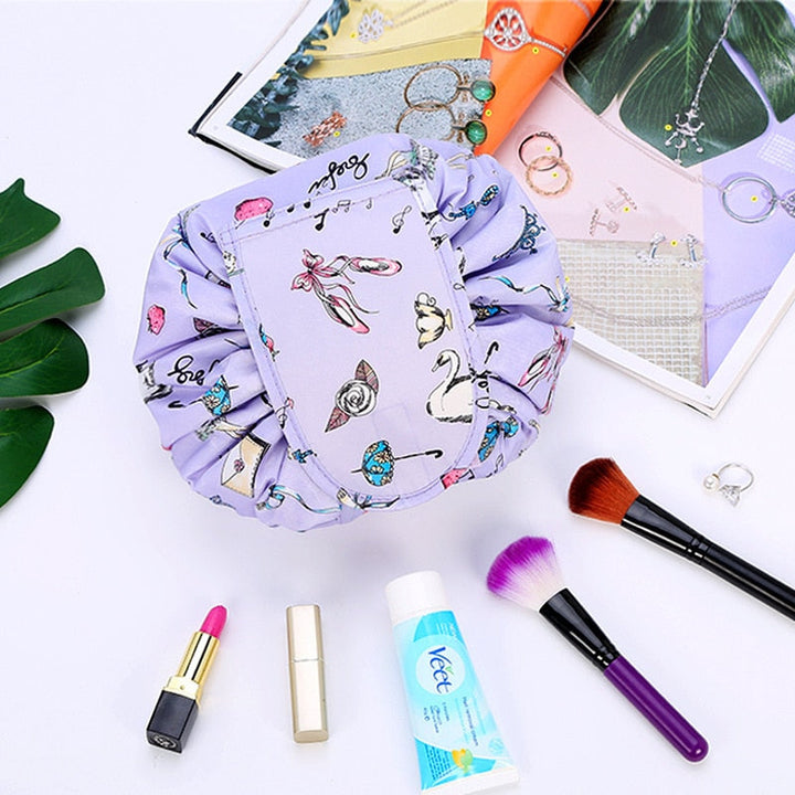 Unisex travel organizer drawstring bag, half-open, displaying its spacious interior for toiletries