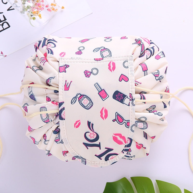 Unisex drawstring storage bag, packed neatly with various cosmetic items, ideal for trips