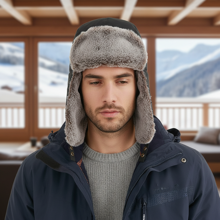 Unisex black fleece winter beanie hat with ear flaps for ultimate warmth and cold weather protection