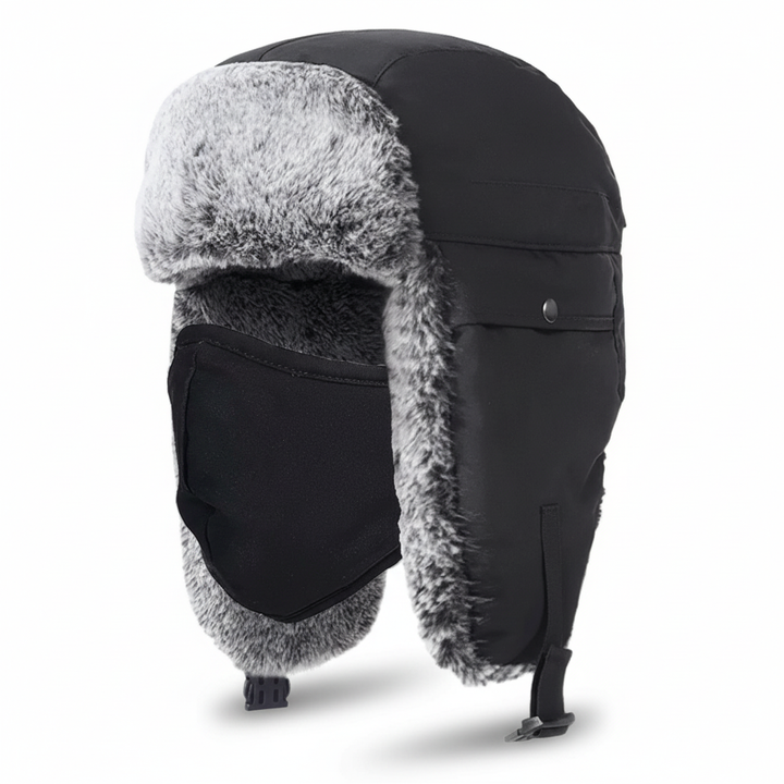 Side view of a warm black fleece winter beanie hat with ear flaps, designed for comfort and snow protection