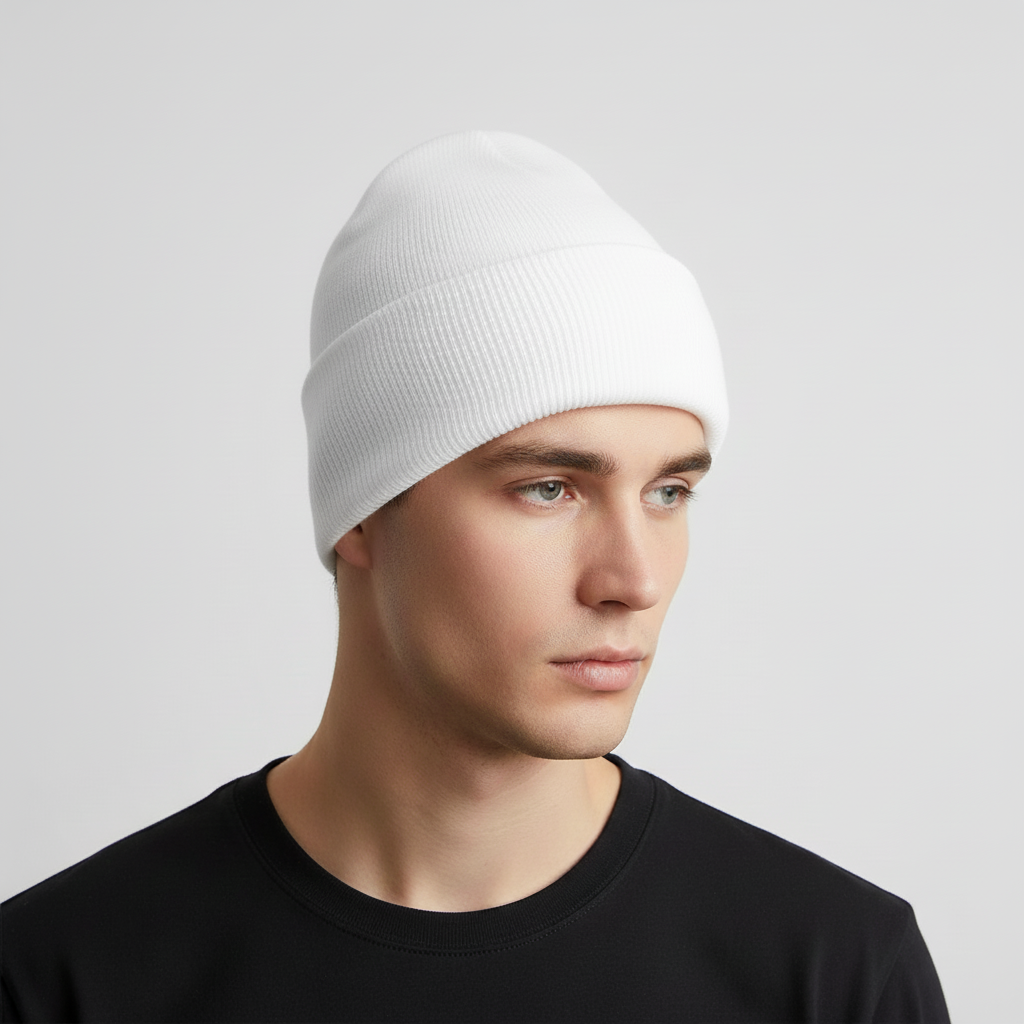 Detail of 'FrostKnit' embroidery on a knitted acrylic beanie, showcasing quality & warmth.