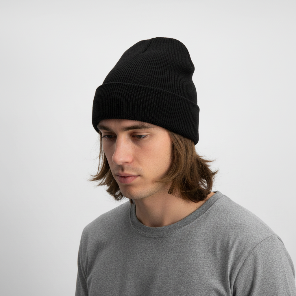 Stack of colorful knitted acrylic beanies, 'FrostKnit' embroidered, showcasing unisex winter hat options.