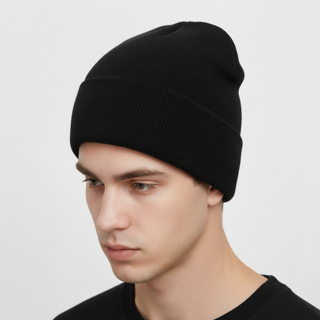 Texture shot of a knitted acrylic beanie, 'FrostKnit' embroidered, highlighting soft & warm material.