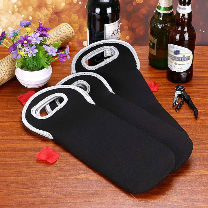 Insulated picnic accessory: black neoprene dual wine bottle carrier tote