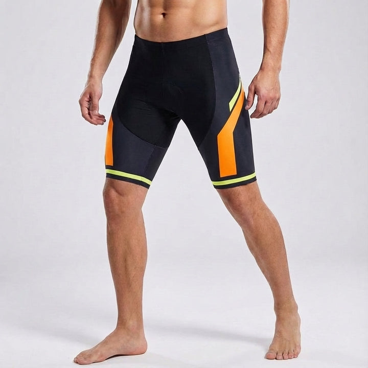 Back view of unisex cycling shorts, showcasing the ergonomic design and reflective strip for safety