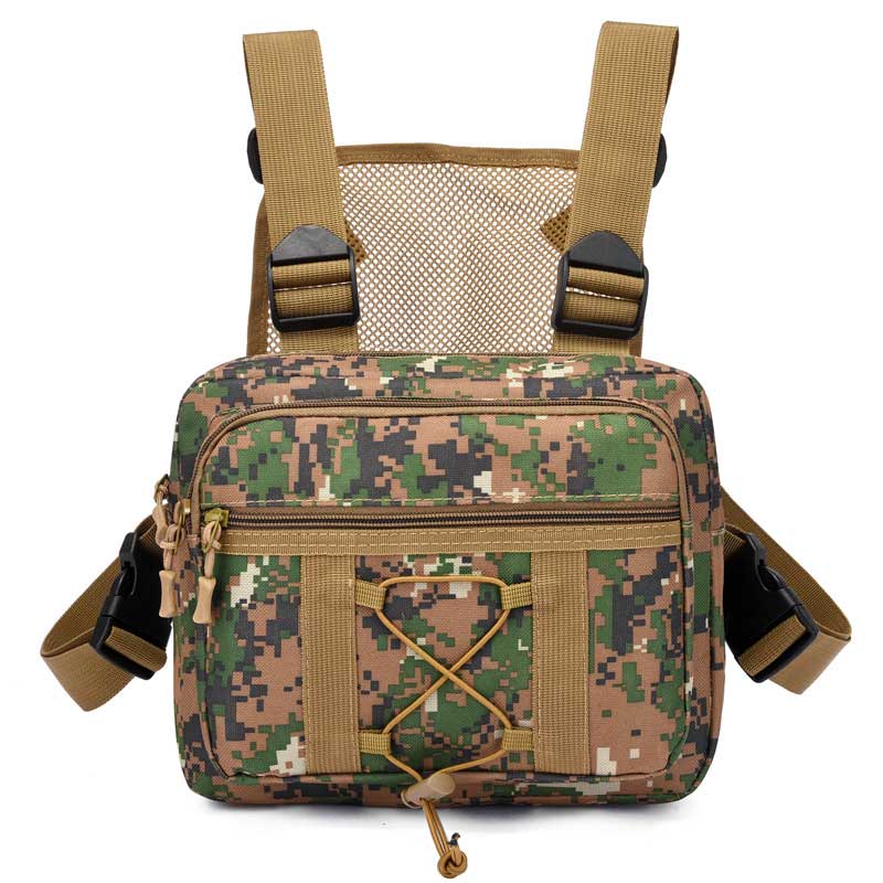Back view of sturdy tactical chest rig, unisex outdoor gear with multi-pocket design for easy access items