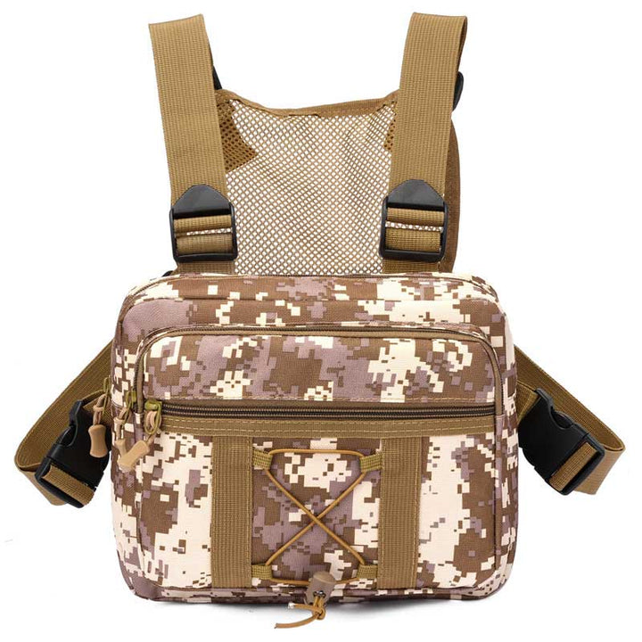 Durable tactical chest bag with multiple pockets, unisex design for airsoft and travel, waterproof material