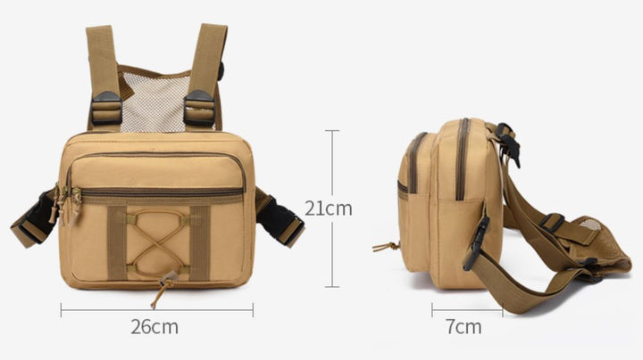 Front view of black tactical chest rig, multi-pocket design, ideal outdoor gear for hiking, airsoft, travel