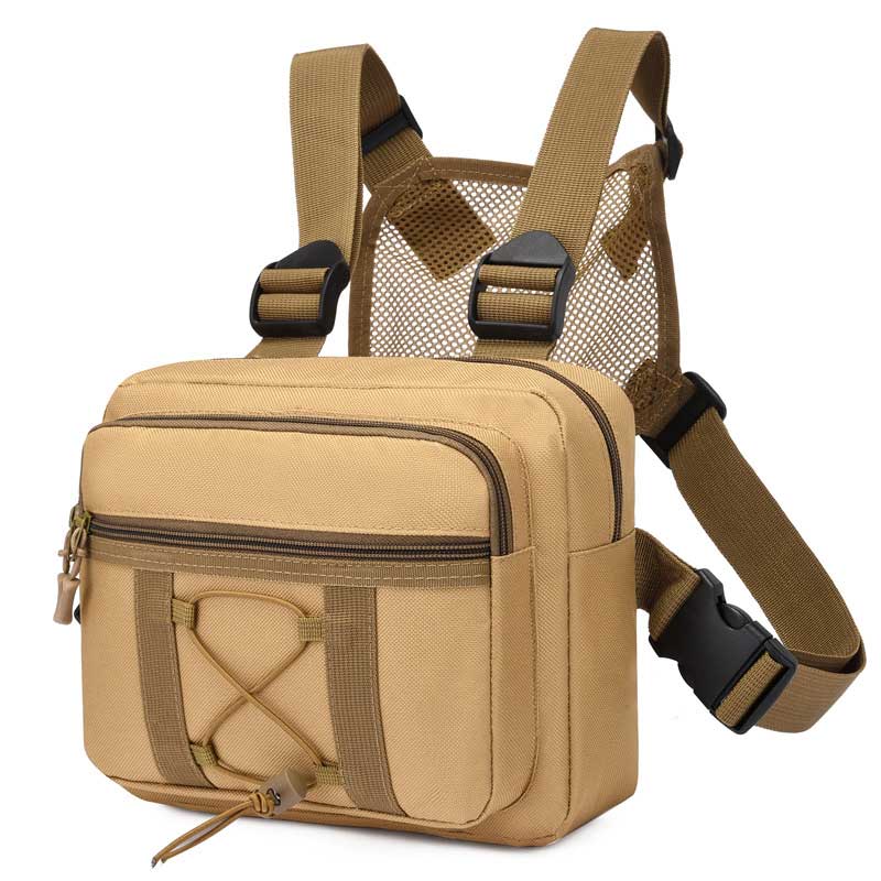 Close-up of multi-pocket tactical chest rig bag, water-resistant fabric, suitable for unisex outdoor activities