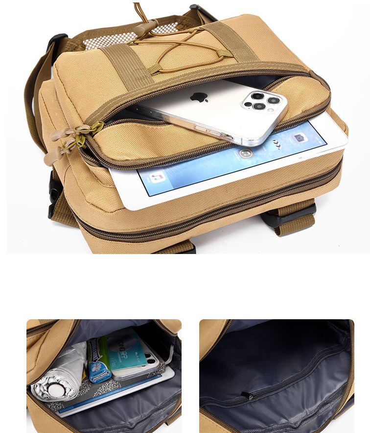 Side view of water-resistant tactical chest rig bag, multiple compartments, essential outdoor gear for men and women