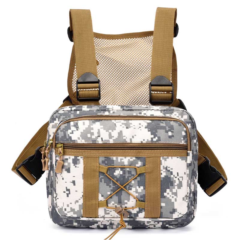 Detail of closure on tactical chest bag, showing secure multi-pocket design and water-resistant material