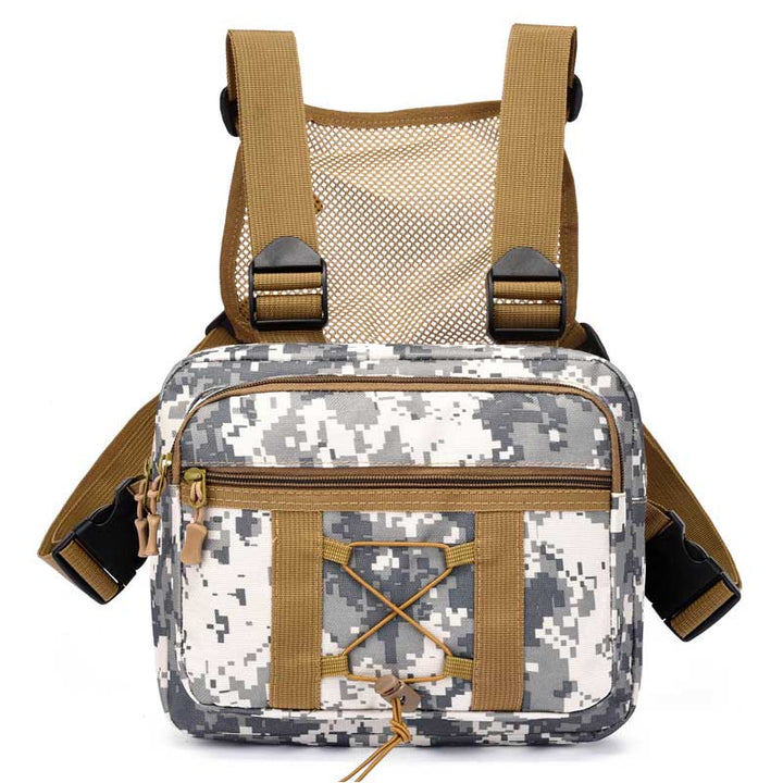 Detail of closure on tactical chest bag, showing secure multi-pocket design and water-resistant material