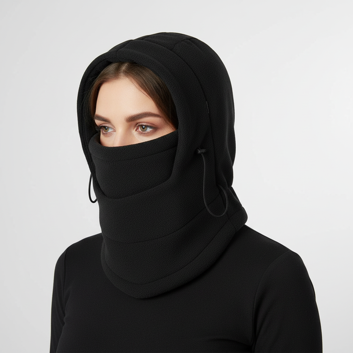 Lifestyle shot of a HeatHood thermal fleece hood with a face mask, ideal for winter unixes outdoor adventures.