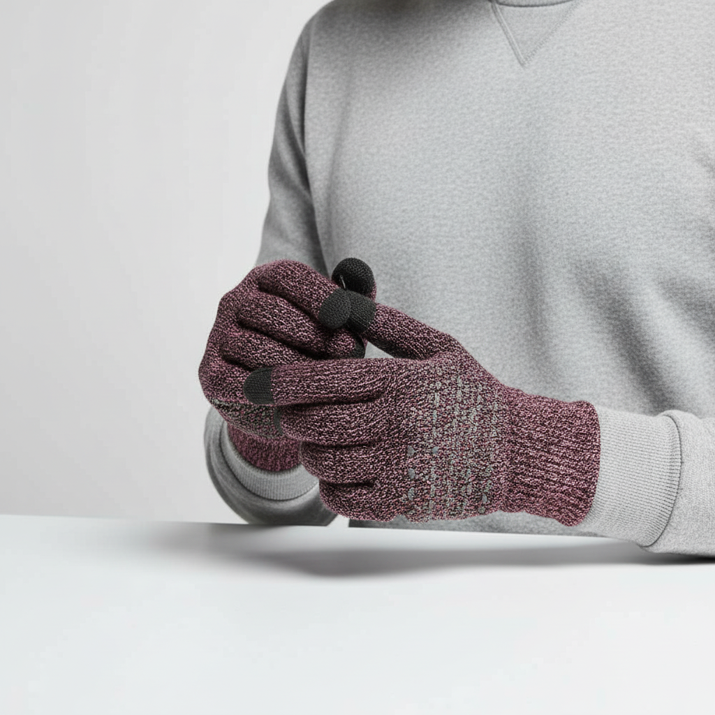 Close-up of warm knitted touchscreen gloves, ideal for winter