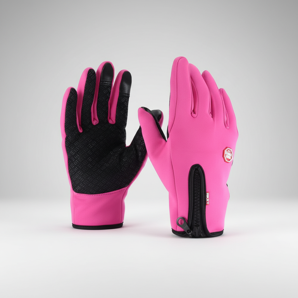 Studio shot of 'ThermoGrip' thermal gloves, emphasizing touchscreen fingertips and non-slip palm design.
