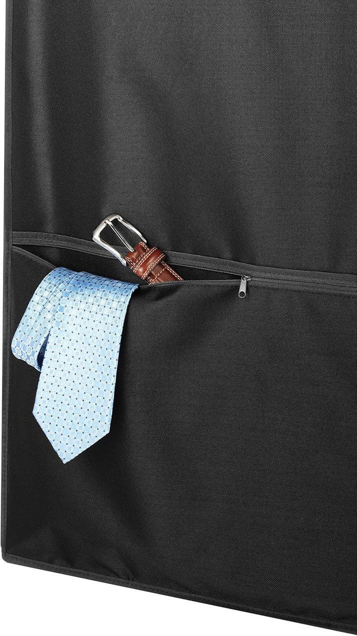 Close-up of the water-repellent fabric of the black travel garment bag
