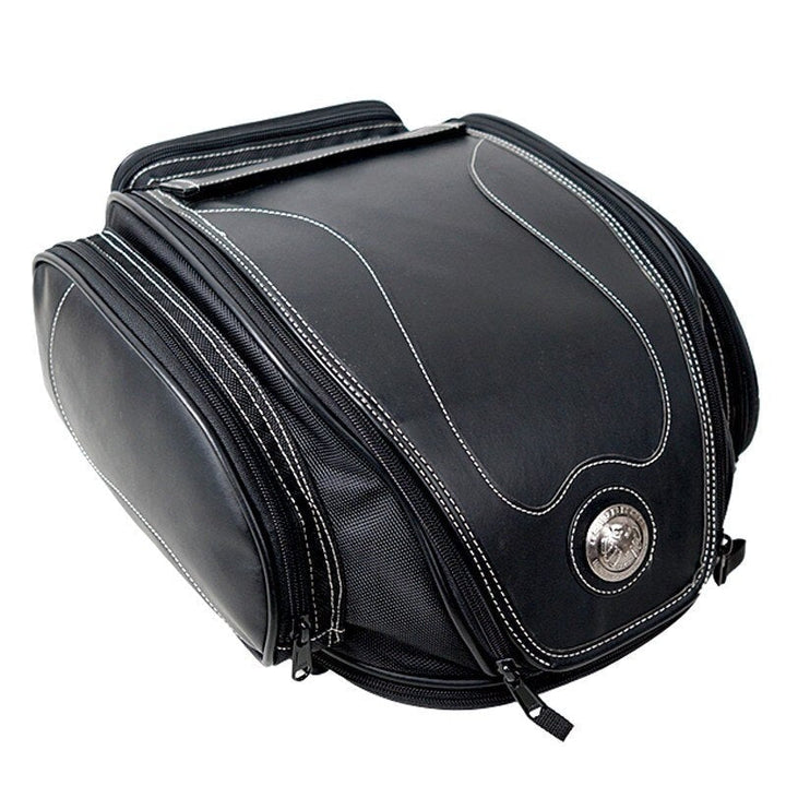 Unisex black water-resistant expandable motorcycle tail bag, PU leather, for bike luggage