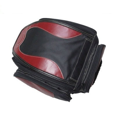 Expandable motorcycle tail bag attached to bike's rear, showing water-resistant PU leather