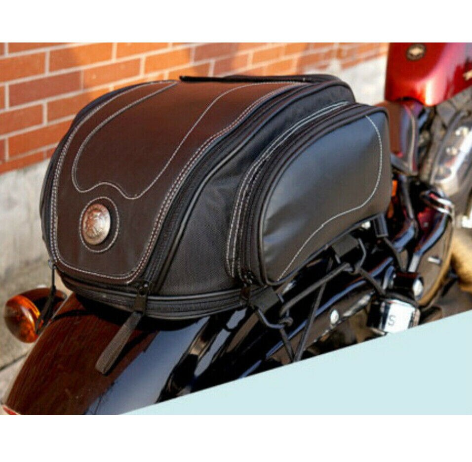 Close-up of unisex water-resistant motorcycle tail bag demonstrating expandable zipper
