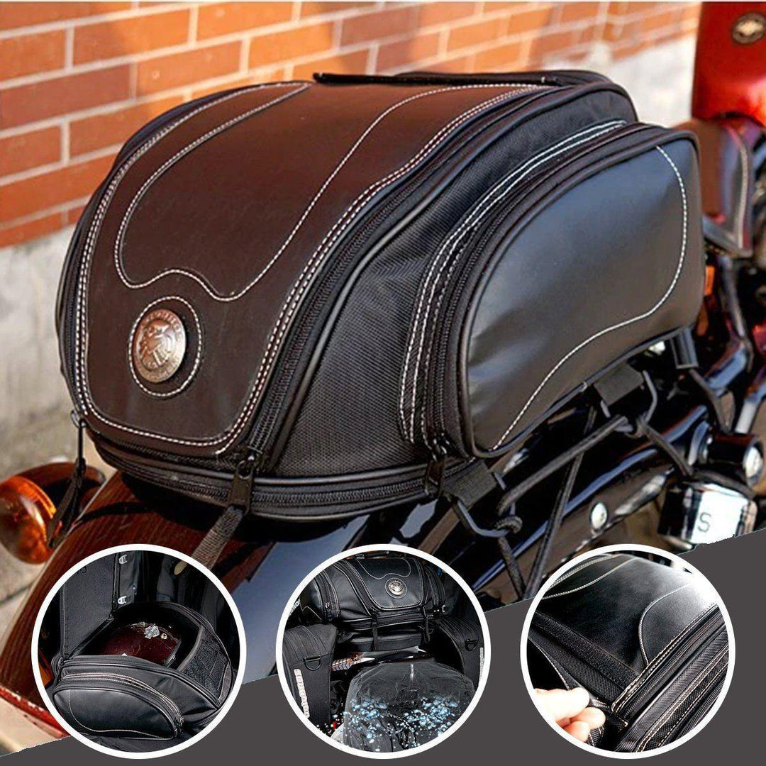 Unisex motorcycle tail bag, water-resistant and expandable, securely strapped onto a motorbike
