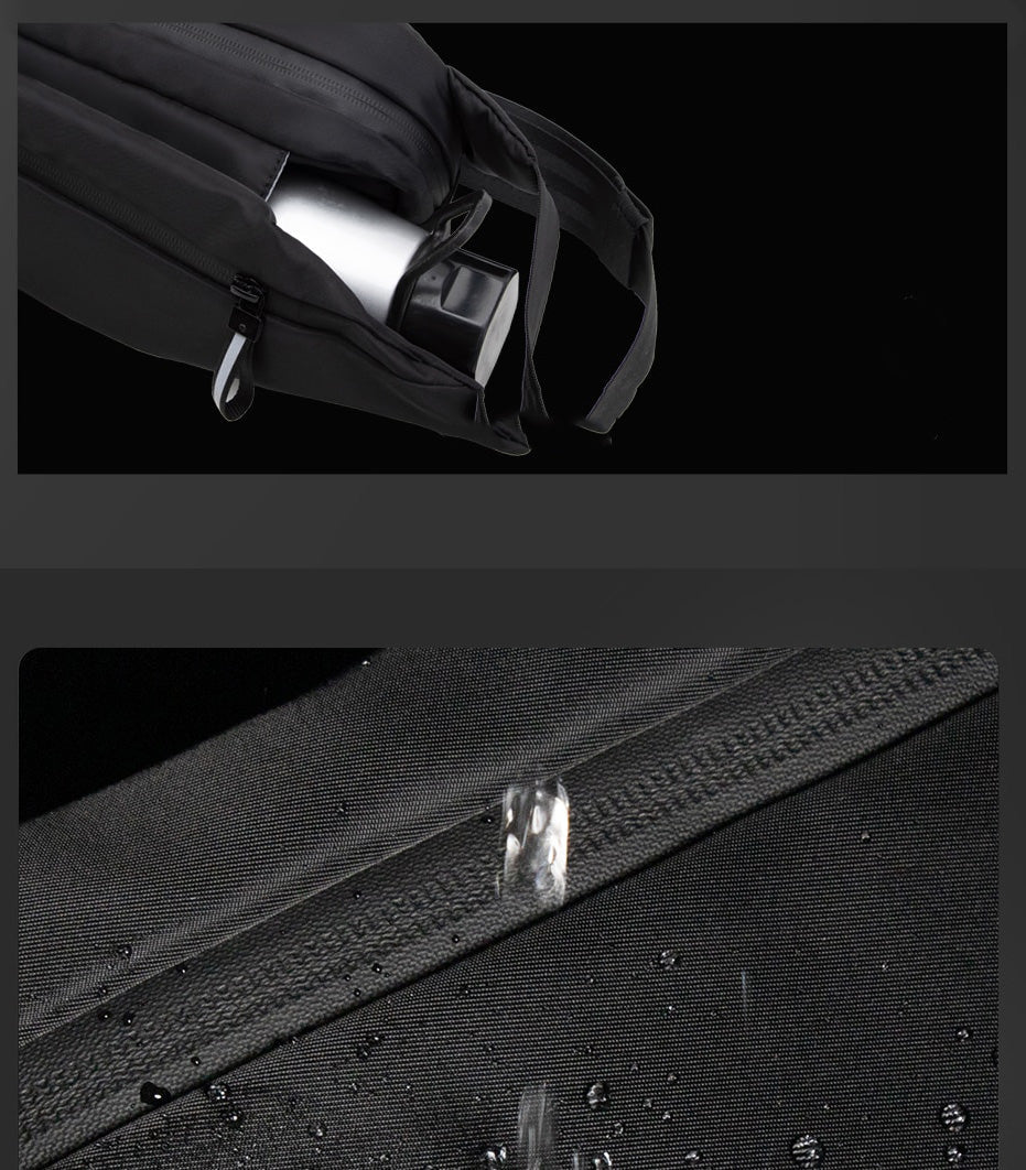 Unisex black fanny pack displayed open, revealing multiple interior pockets for organization during travel