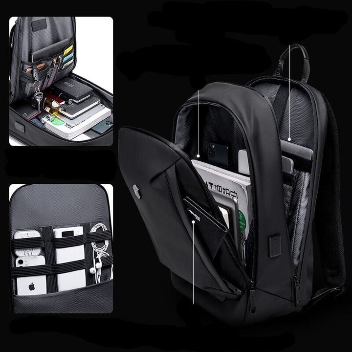 Large capacity unisex travel backpack in black, featuring water-resistant material