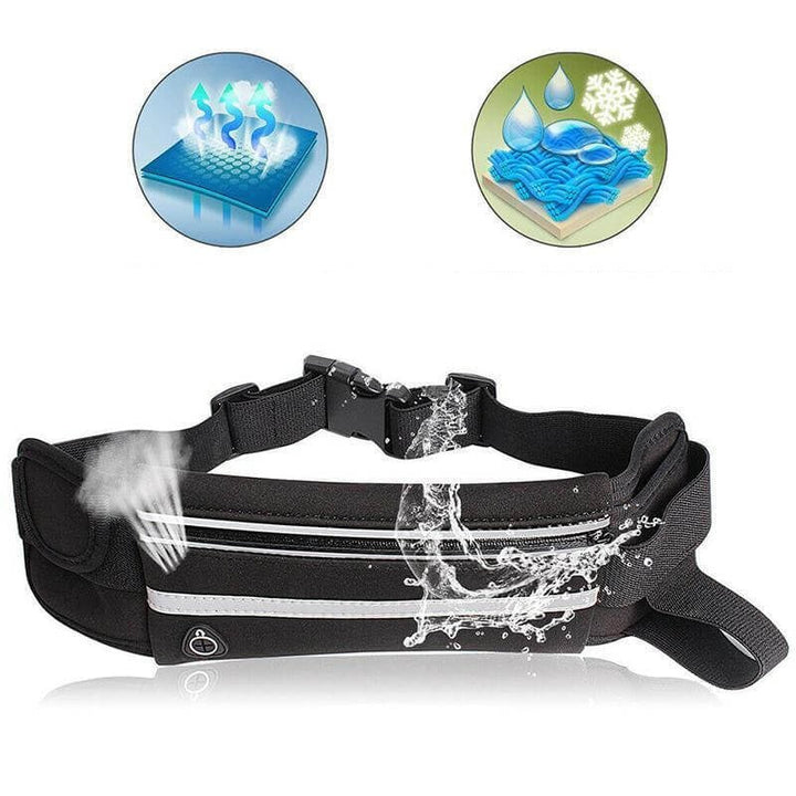 Unisex running belt, water-resistant, shown with a smartphone and keys inside its compartment.