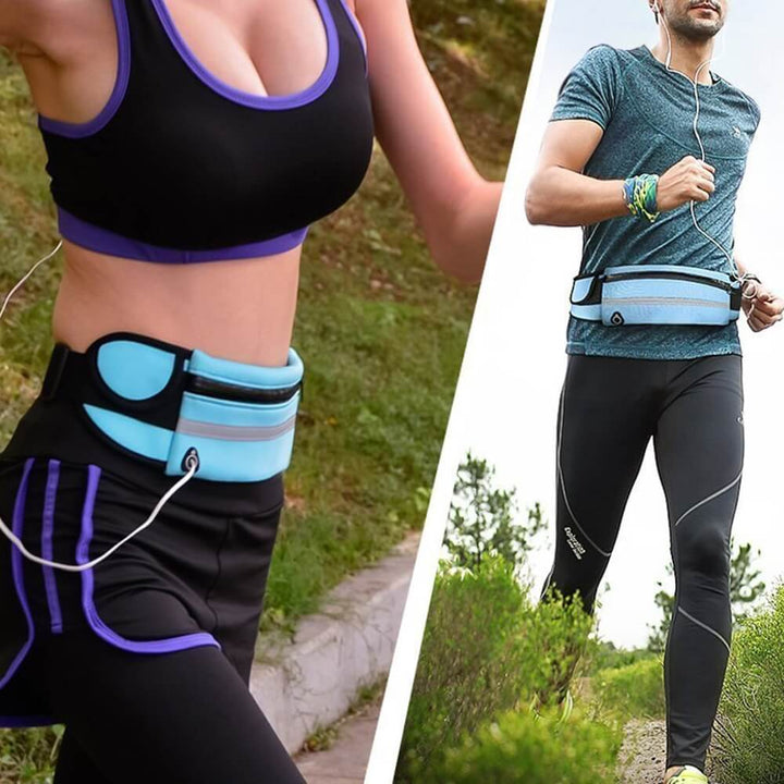 Athletic running waist pack in black, perfect for secure storage during runs. Water-resistant.