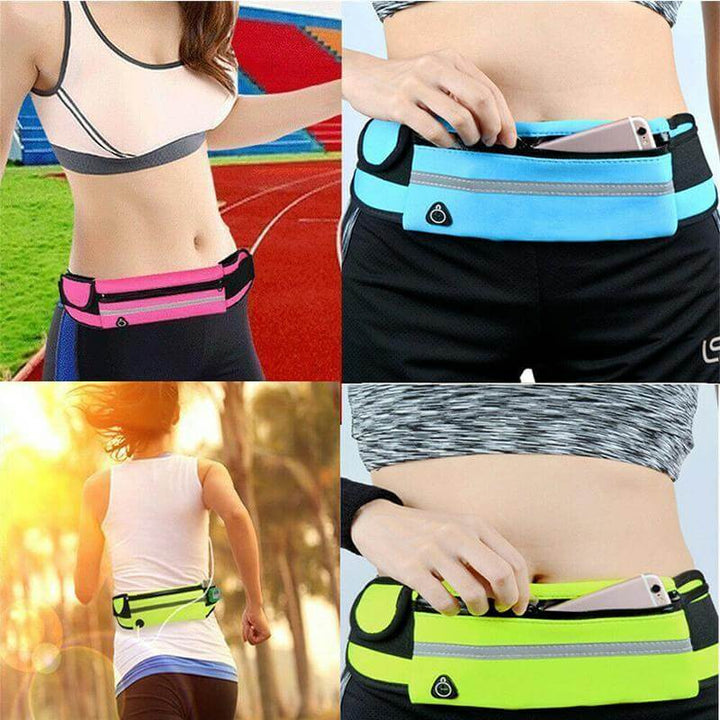 Unisex running belt in a sleek black design, water-resistant for all weather conditions.
