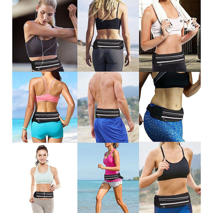 Adjustable strap detail of the black water-resistant running waist belt for a custom fit.