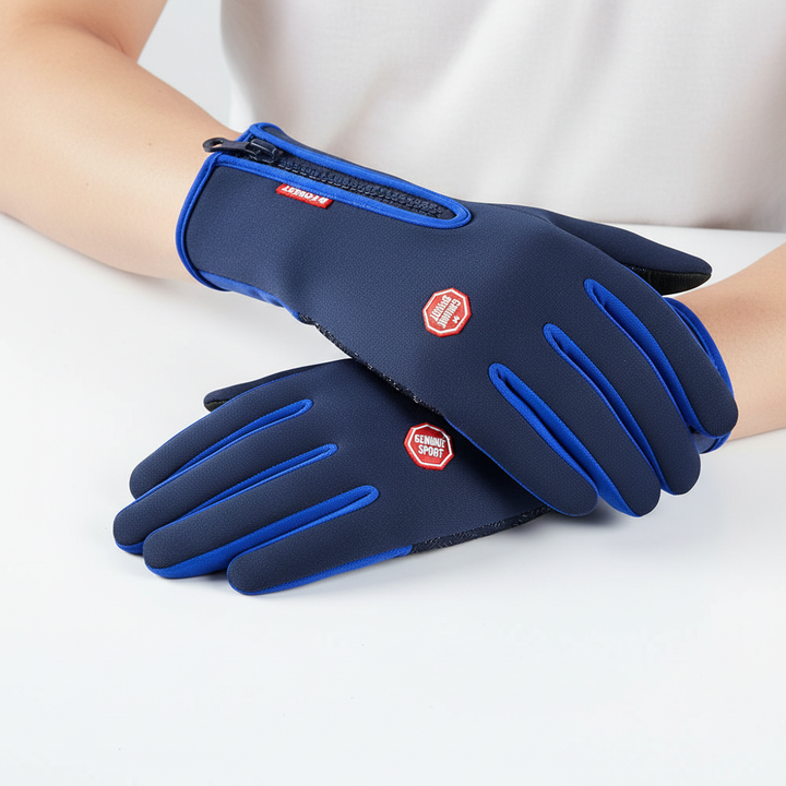 Stack of folded unisex black winter gloves with zippers, emphasizing compact storage and waterproof design