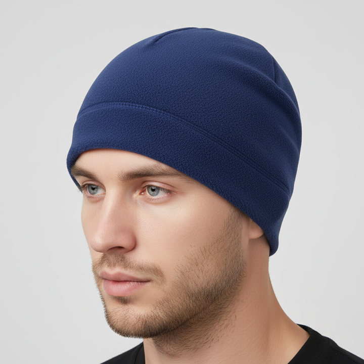 Assortment of CozyShield windproof fleece beanies in various colors, durable winter hats