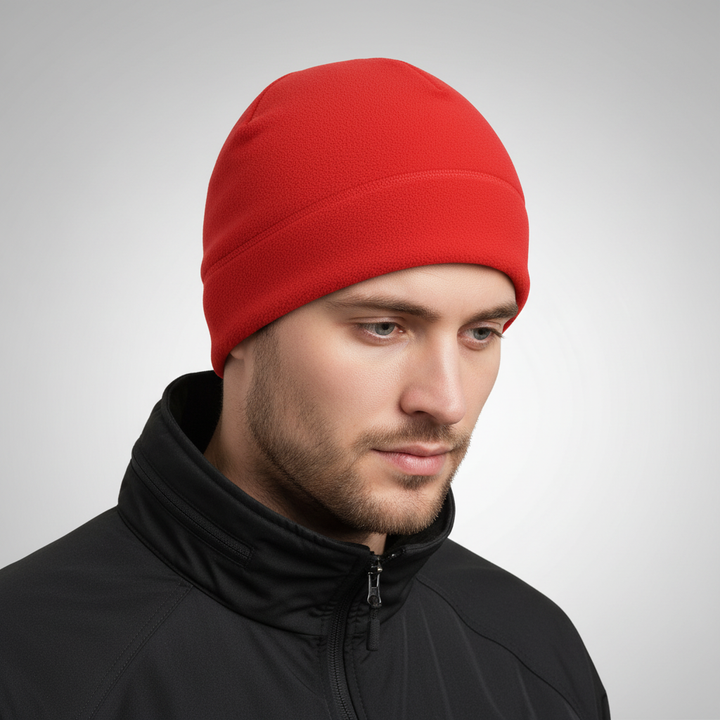 Unisex windproof fleece beanie from CozyShield, featuring soft polyester and cotton fabric