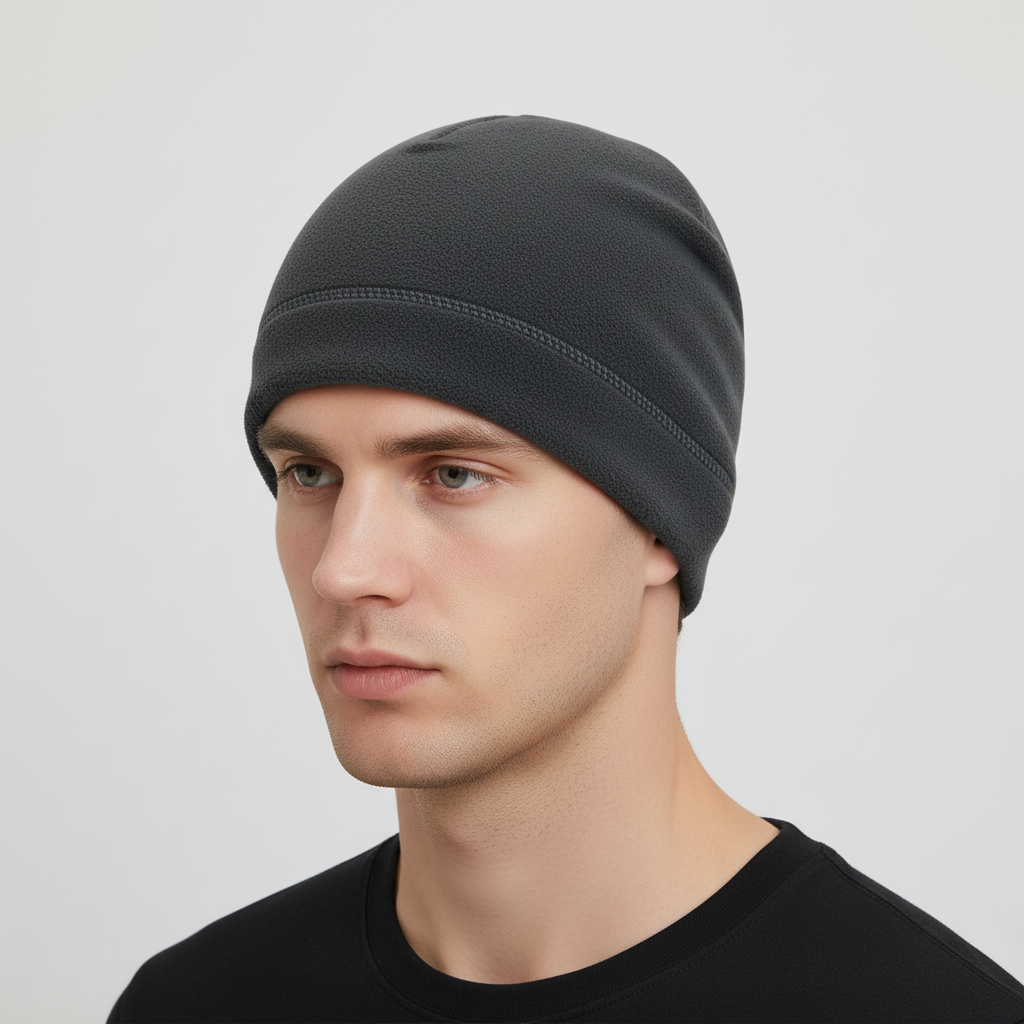 Unisex windproof fleece beanie, CozyShield, folded neatly, showcasing its compact design