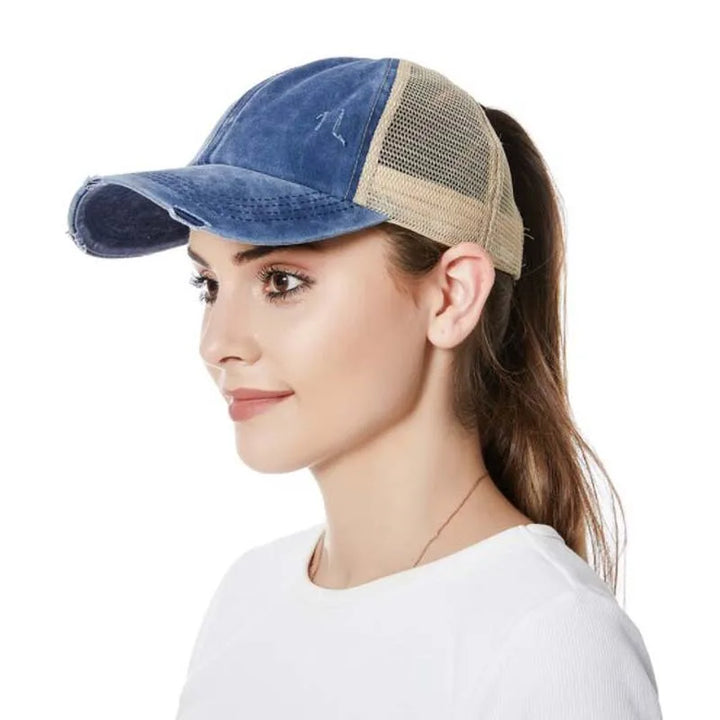 Unisex braided ponytail cap with breathable mesh, adjustable fit for outdoor activities & sports.