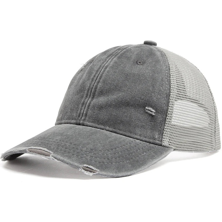 Lightweight and breathable mesh cap for ponytails, offering sun protection & an adjustable, comfortable fit.