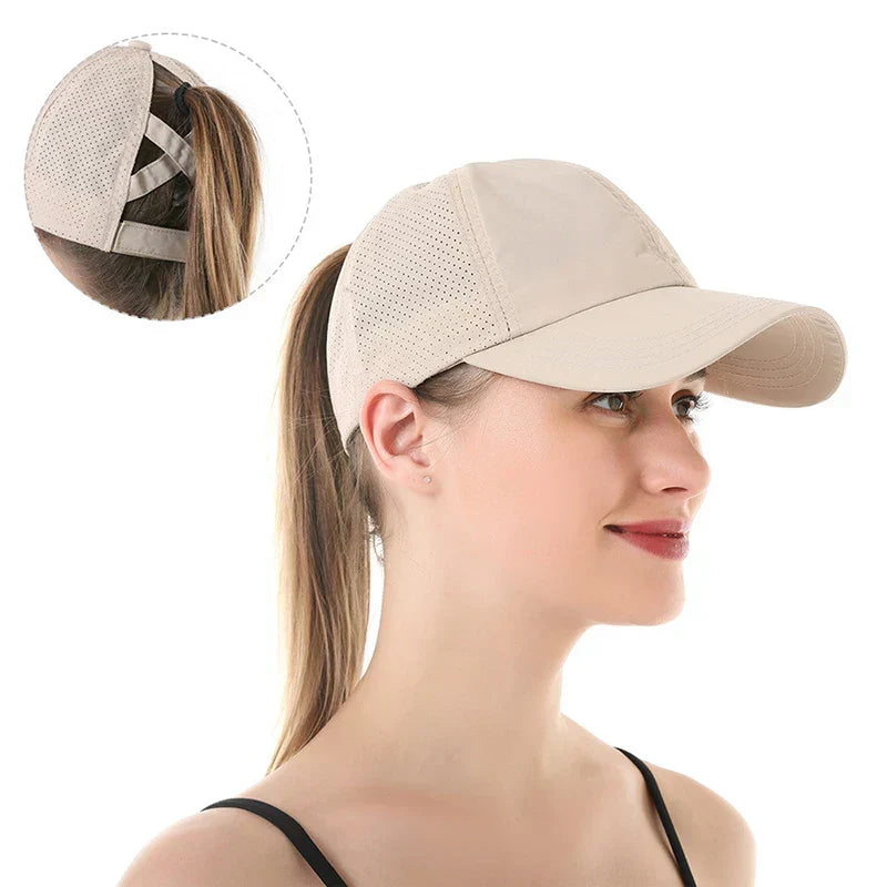 Unisex breathable mesh baseball cap with adjustable fit & ponytail opening for active women. Quick-dry sports hat.