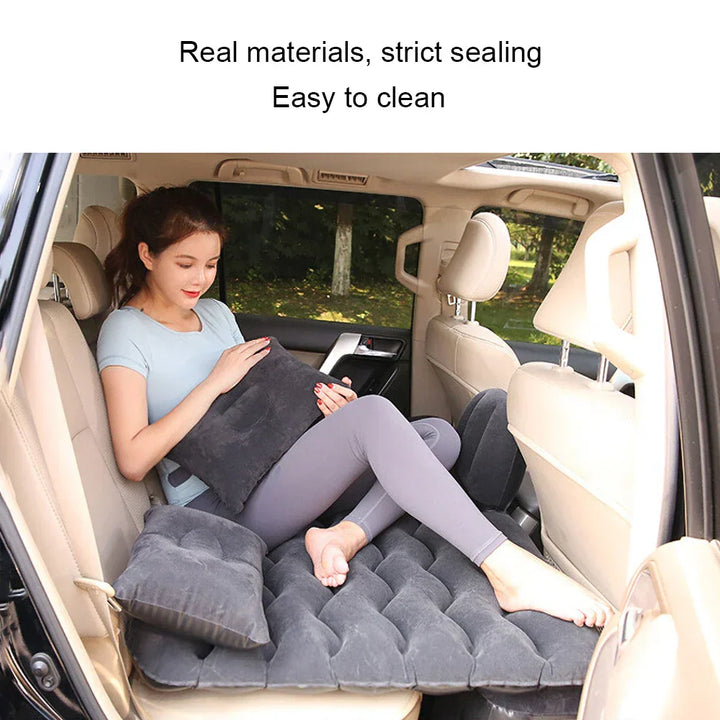 Unisex Car Inflatable Travel Mattress with Pillows & Repair Kit – RoadRest, showcasing its use as a comfortable car travel bed.